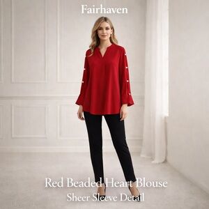 Size MP • Fairhaven Red Beaded Heart Blouse – Sheer Sleeve Detail